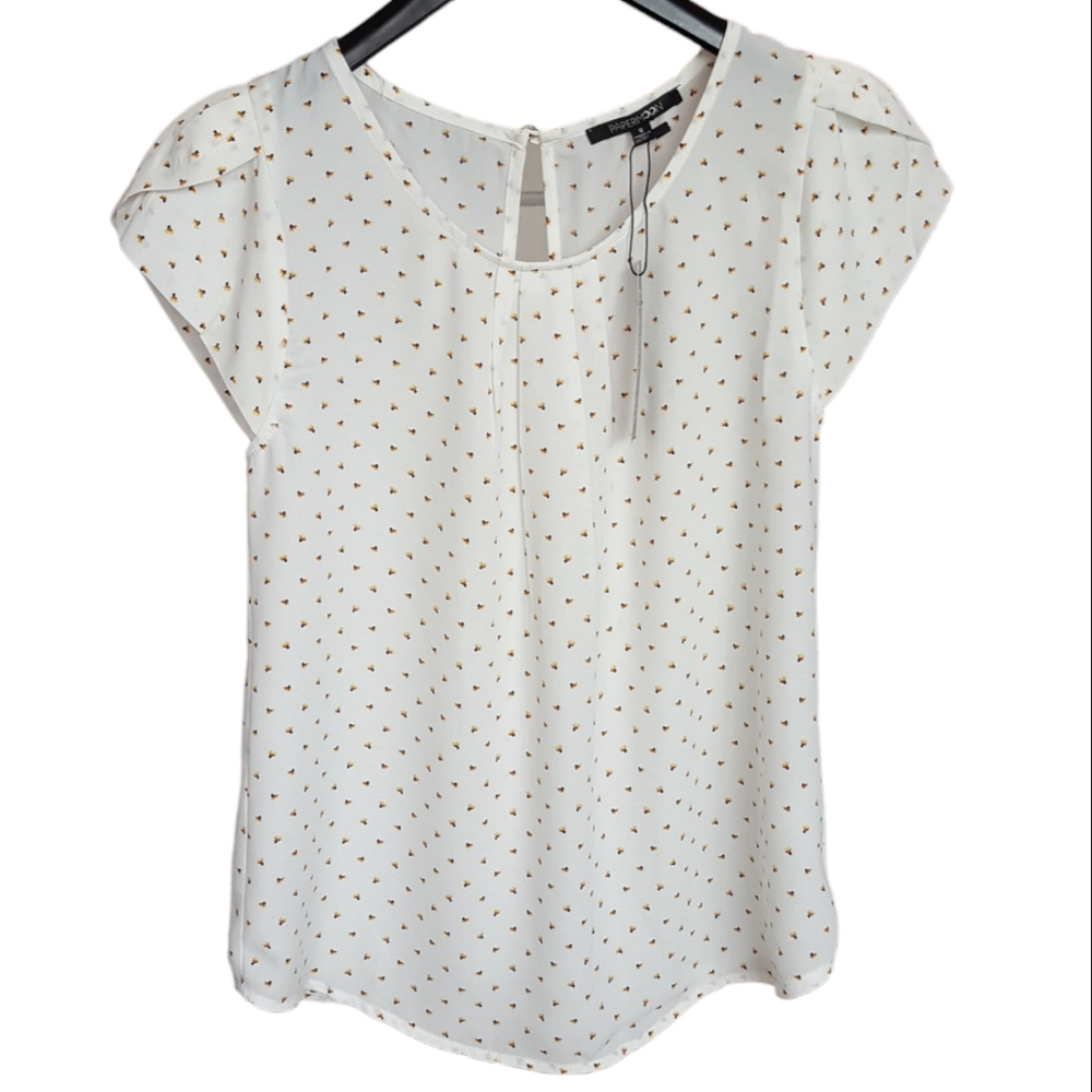 Short Sleeve Blouse Ivory Womens S. M. L. Pleated Neck Back Adventure New